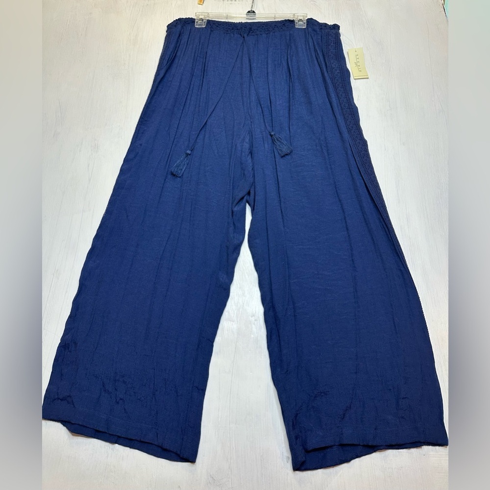 Studio JPR Navy Wide Leg Pants XL Smocked Waist Tassel Drawstring Boho Beach - Picture 2 of 11